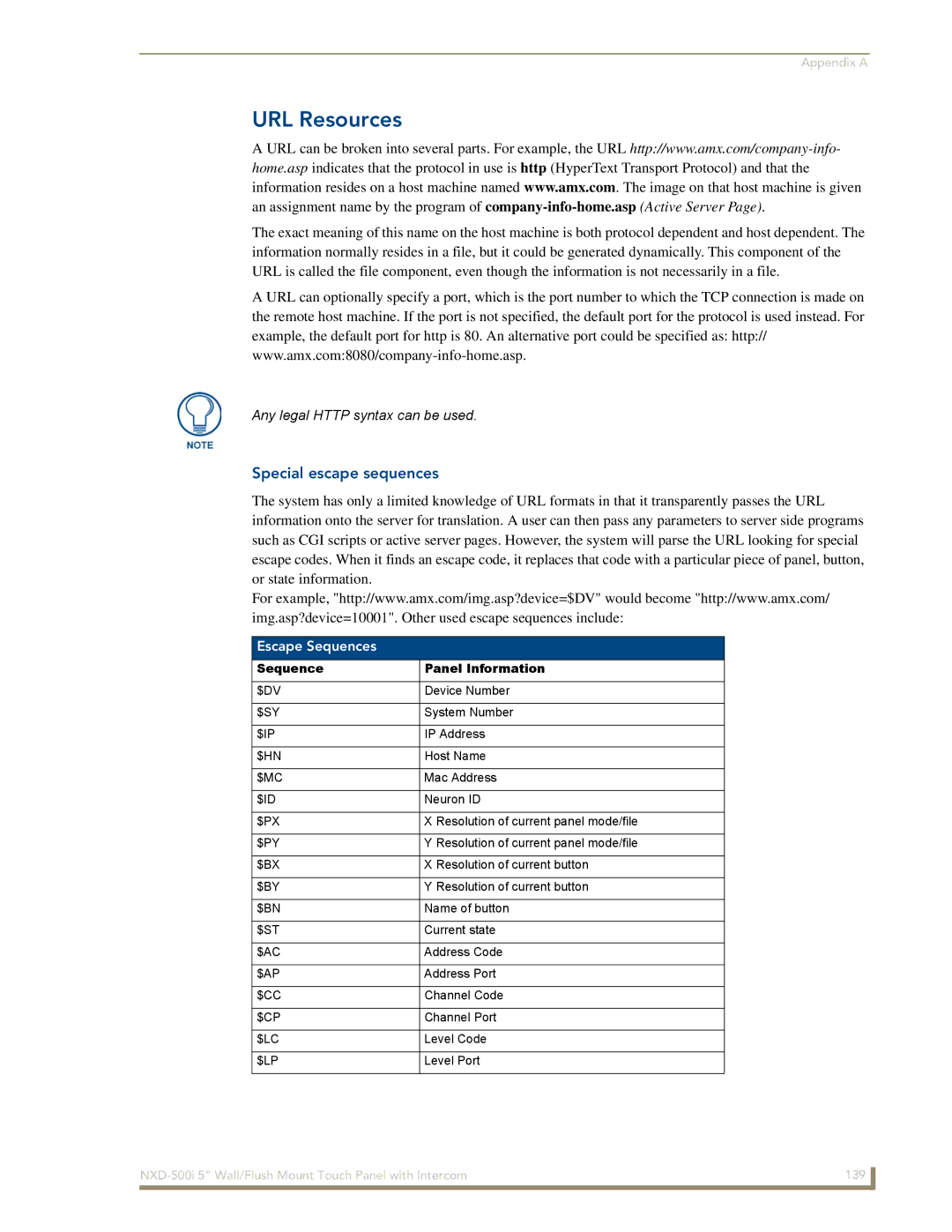 AMX NXD-500i manual URL Resources, Special escape sequences, Escape Sequences, Sequence Panel Information 