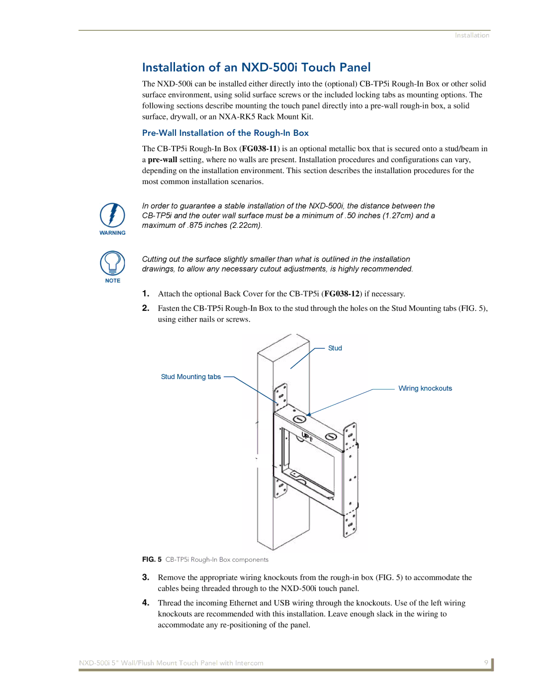 AMX manual Installation of an NXD-500i Touch Panel, Pre-Wall Installation of the Rough-In Box 