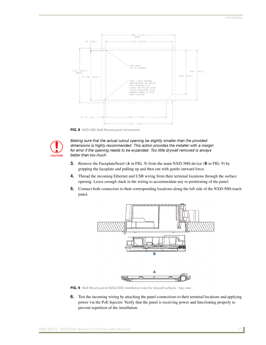 AMX manual NXD-500i Wall Mount panel dimensions 