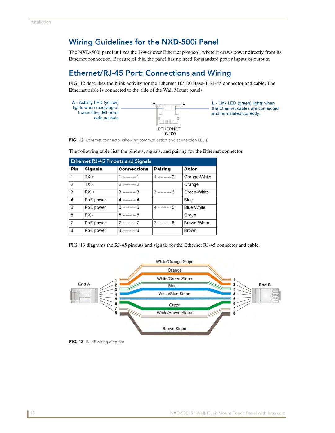 AMX manual Wiring Guidelines for the NXD-500i Panel, Ethernet/RJ-45 Port Connections and Wiring 