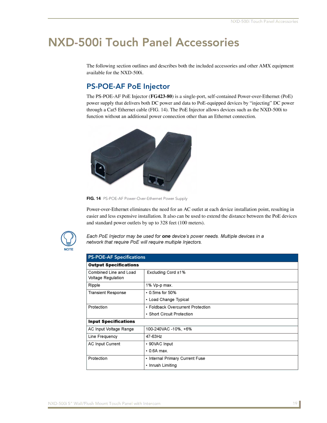 AMX NXD-500i manual PS-POE-AF PoE Injector, PS-POE-AF Specifications, Output Specifications, Input Specifications 