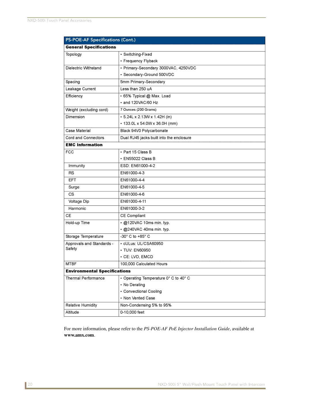 AMX NXD-500i manual General Specifications, EMC Information, Environmental Specifications 