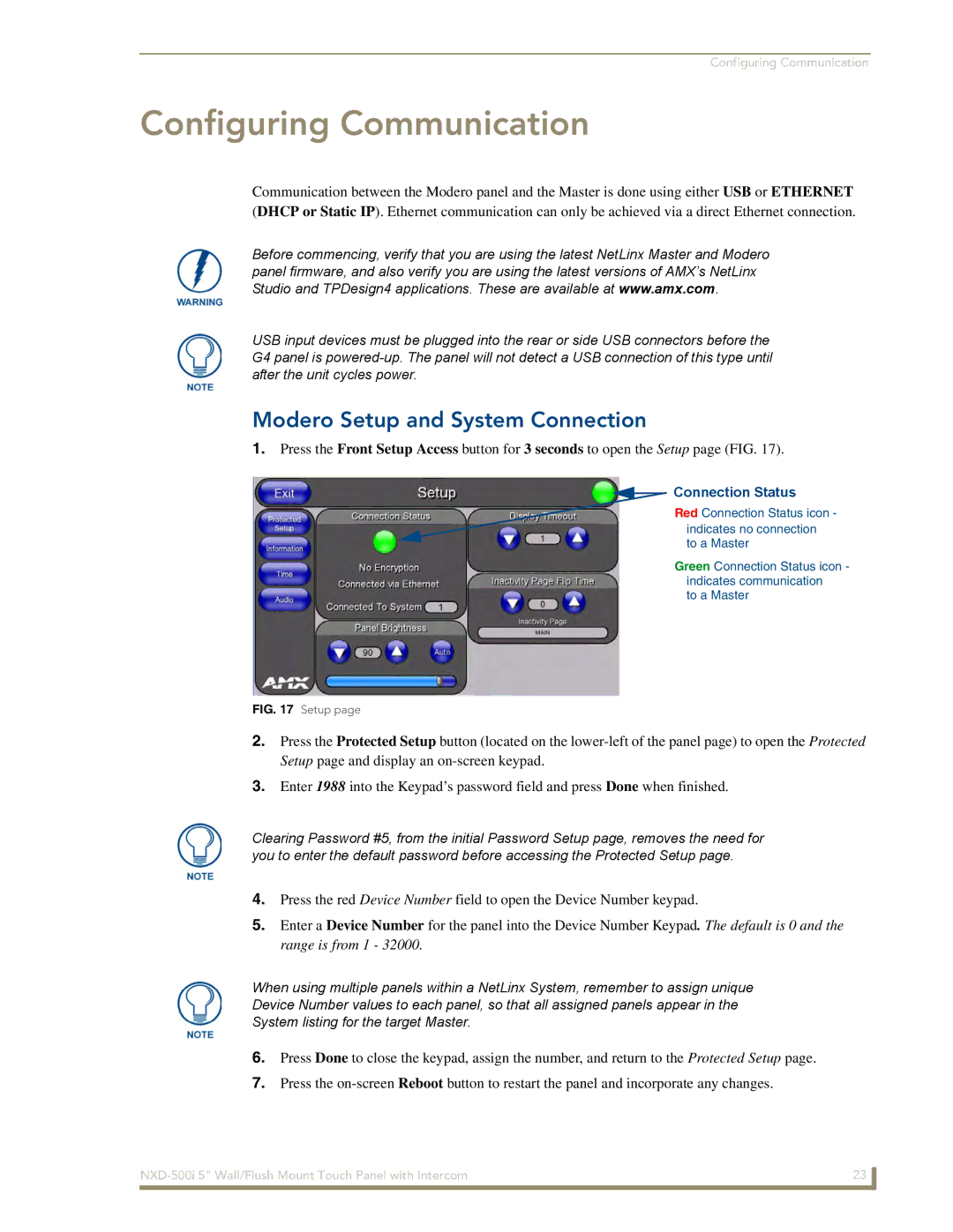 AMX NXD-500i manual Configuring Communication, Modero Setup and System Connection 