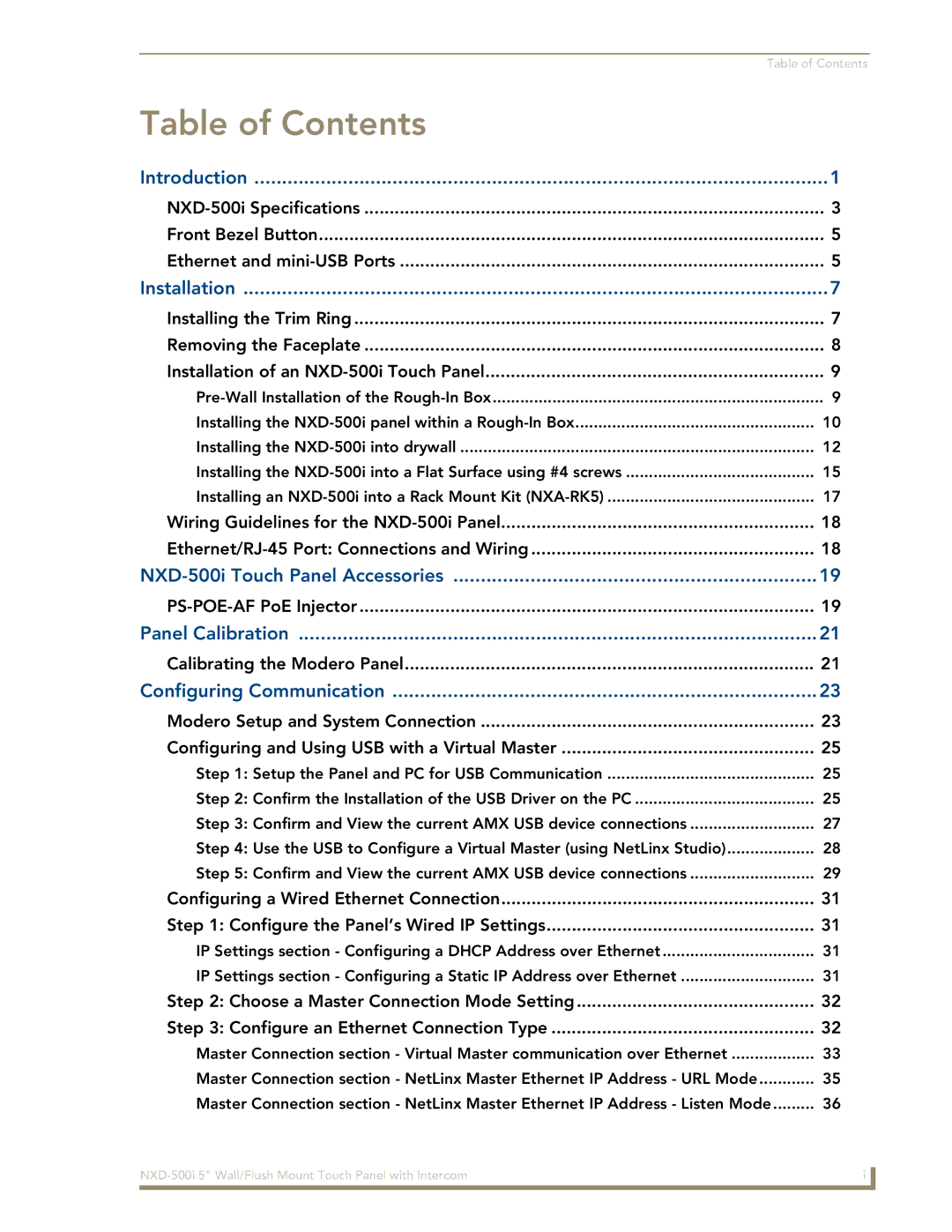 AMX NXD-500i manual Table of Contents 