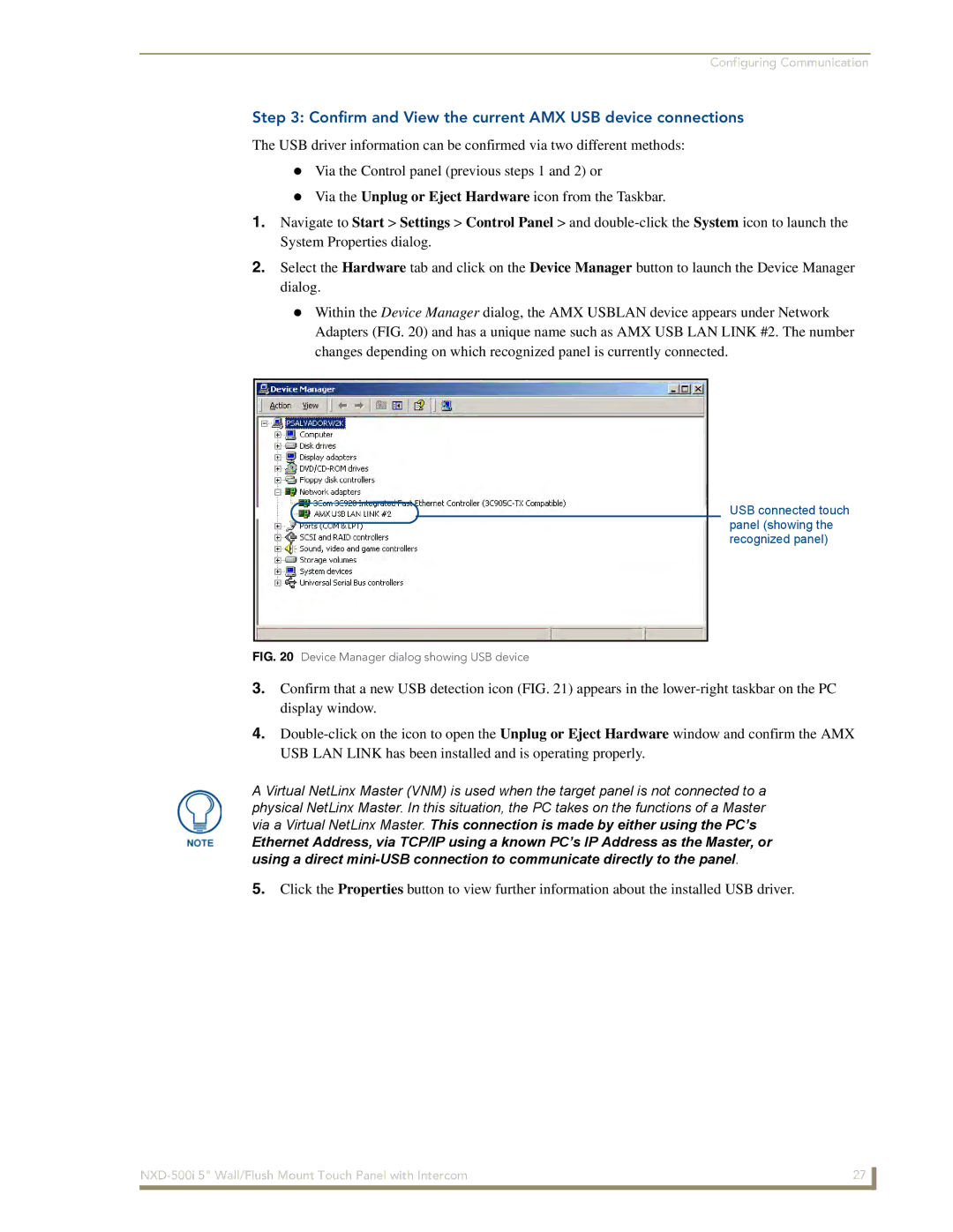 AMX NXD-500i manual Confirm and View the current AMX USB device connections, Device Manager dialog showing USB device 