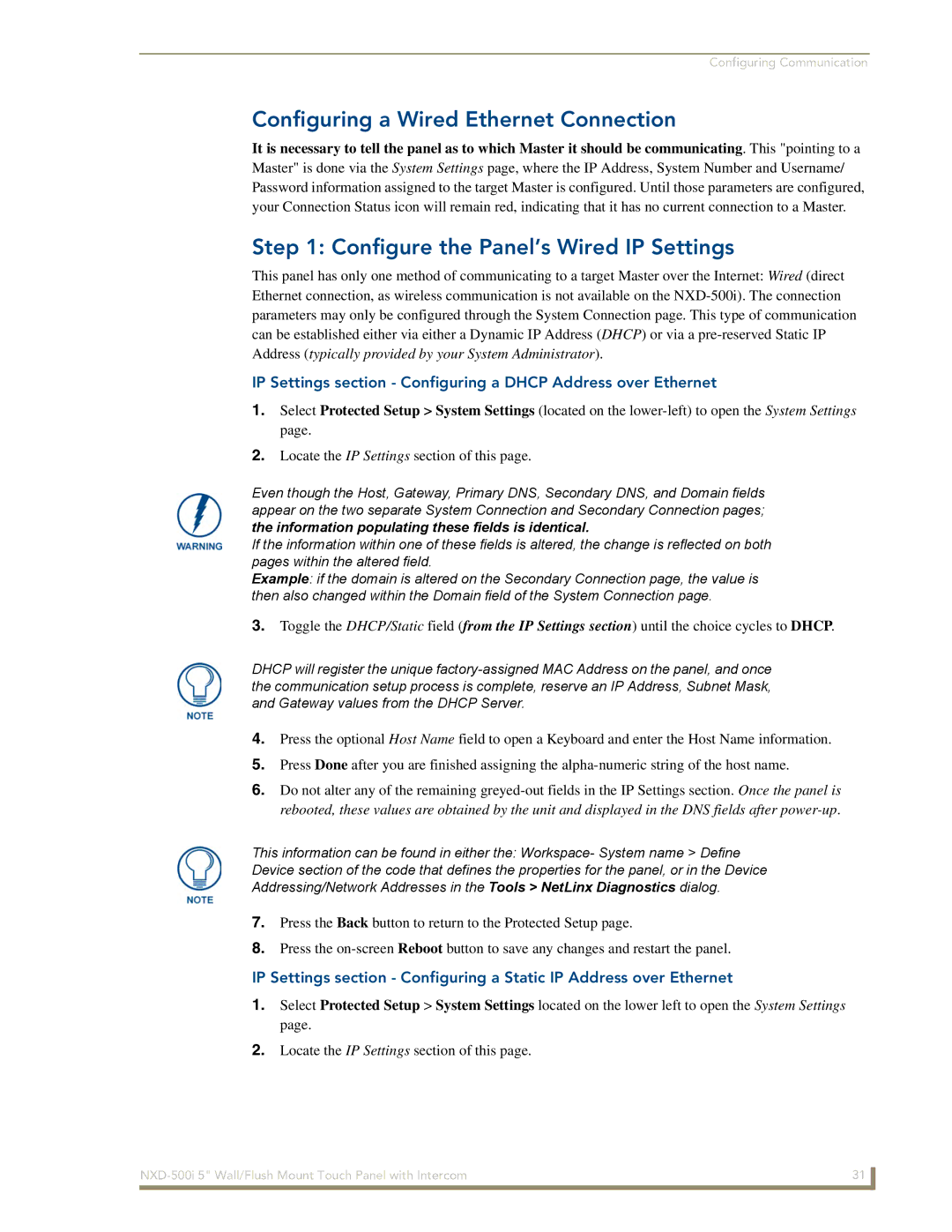 AMX NXD-500i manual Configuring a Wired Ethernet Connection, Configure the Panel’s Wired IP Settings 