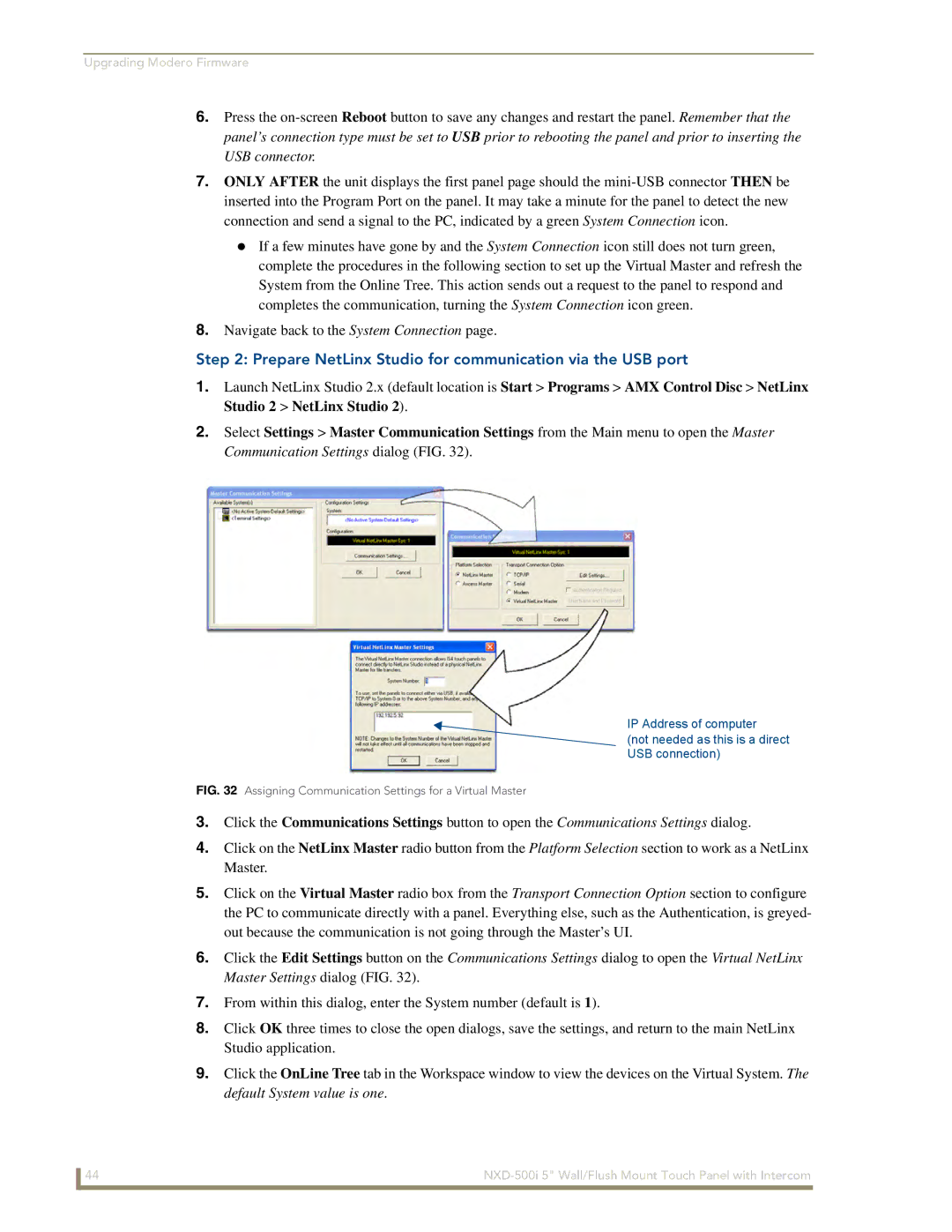 AMX NXD-500i manual Prepare NetLinx Studio for communication via the USB port 