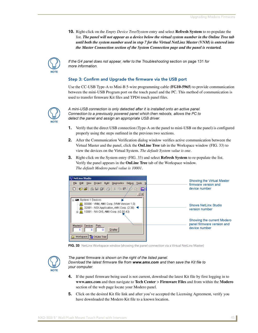 AMX NXD-500i manual Confirm and Upgrade the firmware via the USB port, Default Modero panel value is 