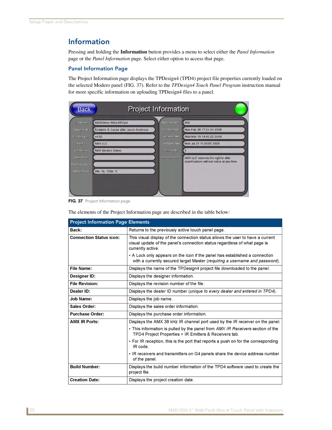 AMX NXD-500i manual Panel Information, Project Information Page Elements 