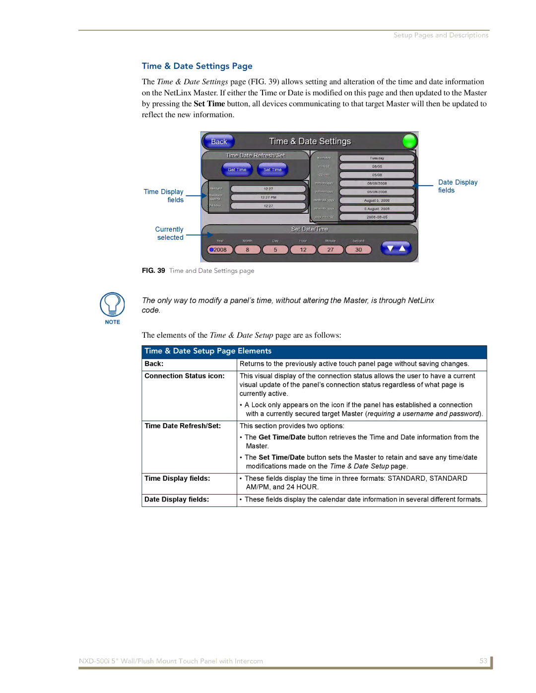 AMX NXD-500i Time & Date Settings, Elements of the Time & Date Setup page are as follows, Time & Date Setup Page Elements 