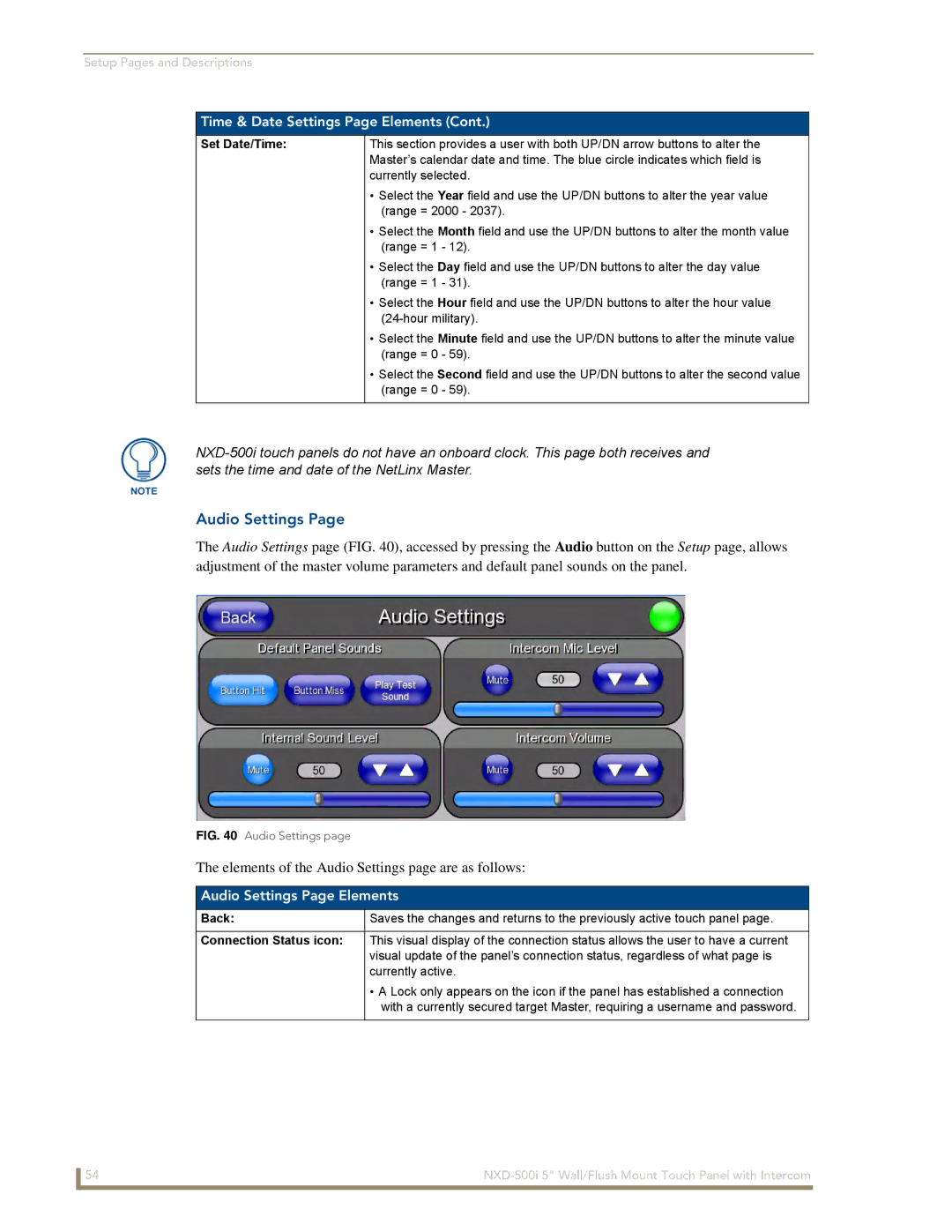 AMX NXD-500i Elements of the Audio Settings page are as follows, Time & Date Settings Page Elements, Set Date/Time 