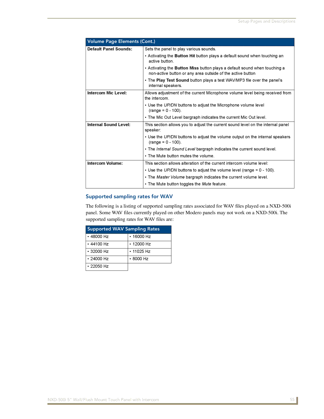 AMX NXD-500i manual Supported sampling rates for WAV, Volume Page Elements, Supported WAV Sampling Rates 