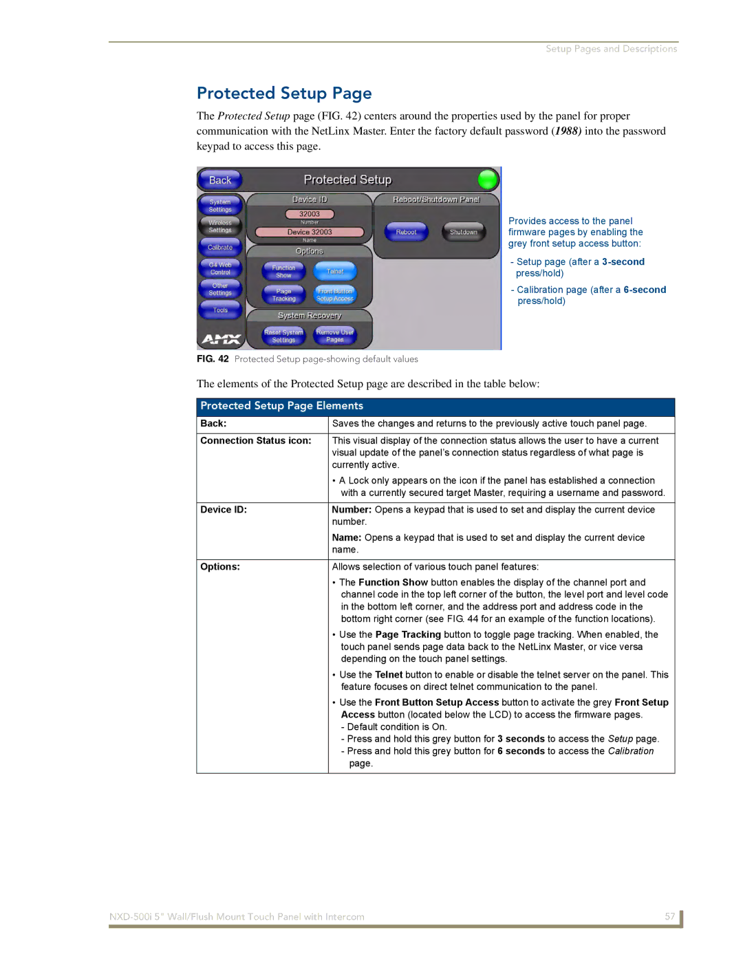 AMX NXD-500i manual Protected Setup Page Elements, Device ID, Options 