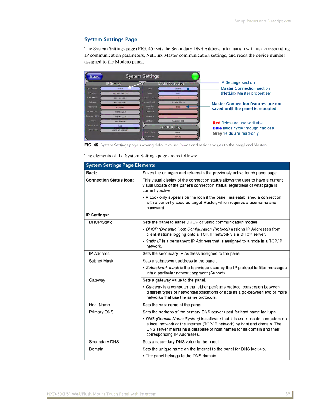 AMX NXD-500i manual Elements of the System Settings page are as follows, System Settings Page Elements, IP Settings 