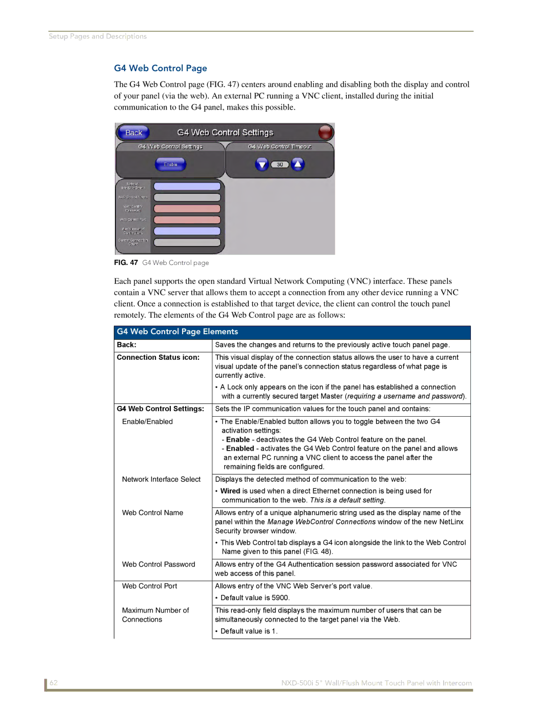 AMX NXD-500i manual G4 Web Control Page Elements, G4 Web Control Settings 