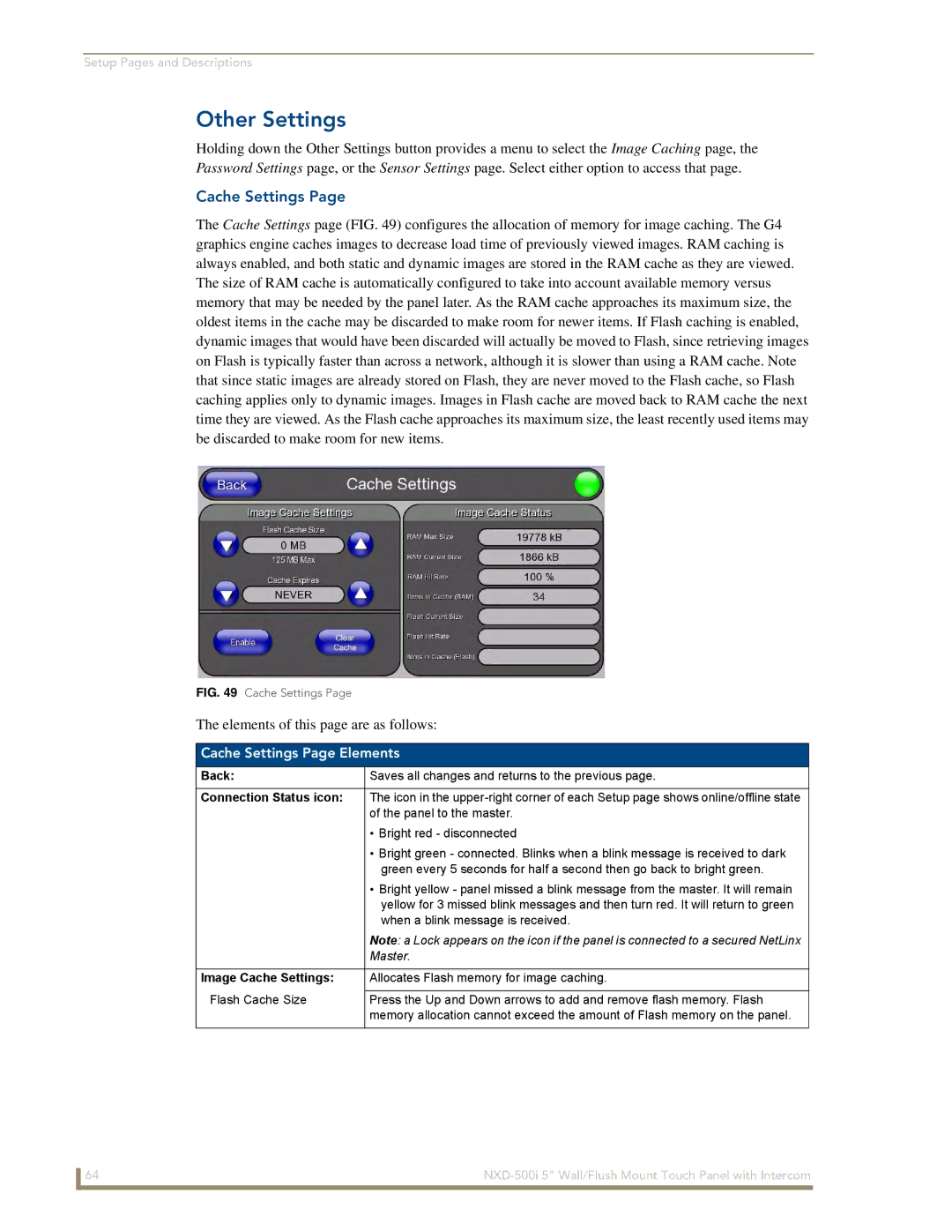 AMX NXD-500i Other Settings, Elements of this page are as follows, Cache Settings Page Elements, Image Cache Settings 