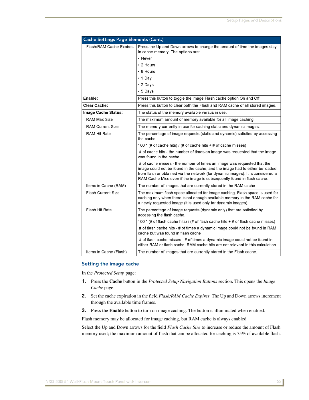 AMX NXD-500i manual Setting the image cache, Enable, Clear Cache, Image Cache Status 