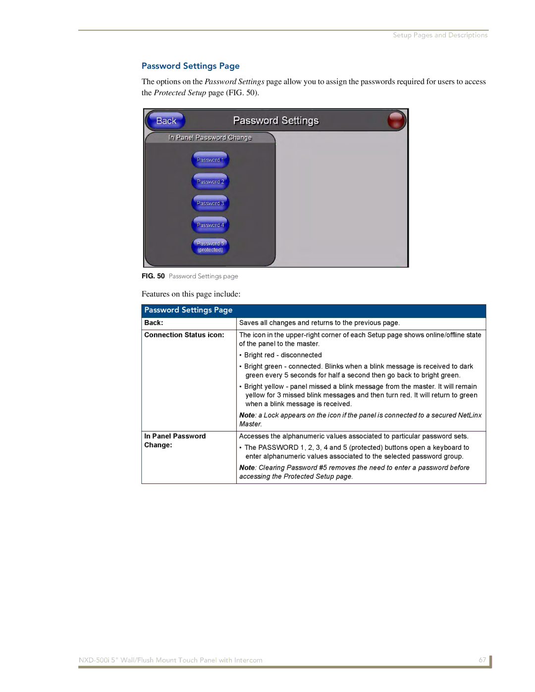 AMX NXD-500i manual Password Settings, Features on this page include, Panel Password, Change 