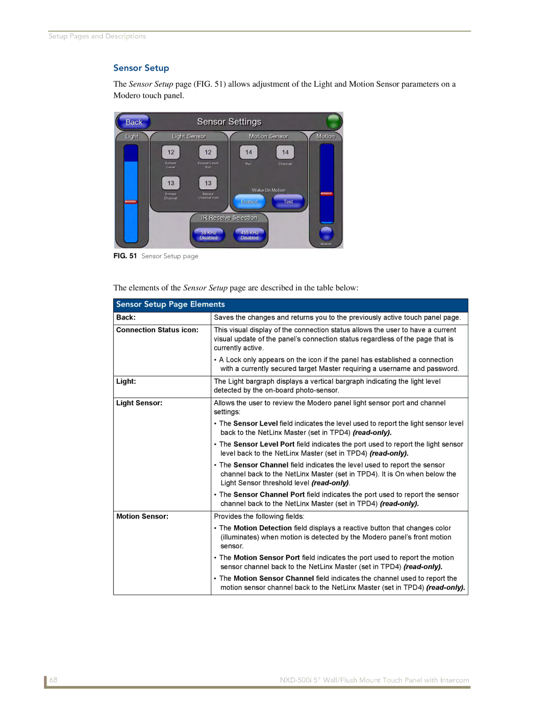 AMX NXD-500i manual Sensor Setup Page Elements, Light Sensor, Motion Sensor 