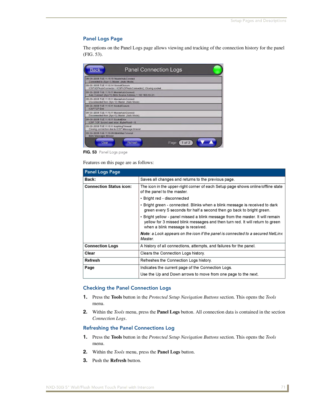 AMX NXD-500i manual Panel Logs, Features on this page are as follows, Checking the Panel Connection Logs 