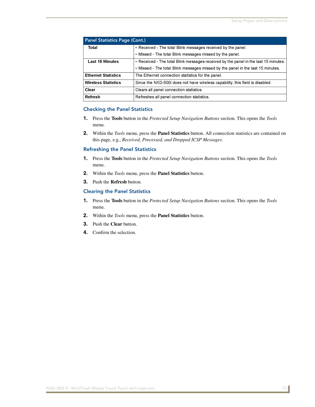 AMX NXD-500i manual Checking the Panel Statistics, Refreshing the Panel Statistics, Clearing the Panel Statistics 
