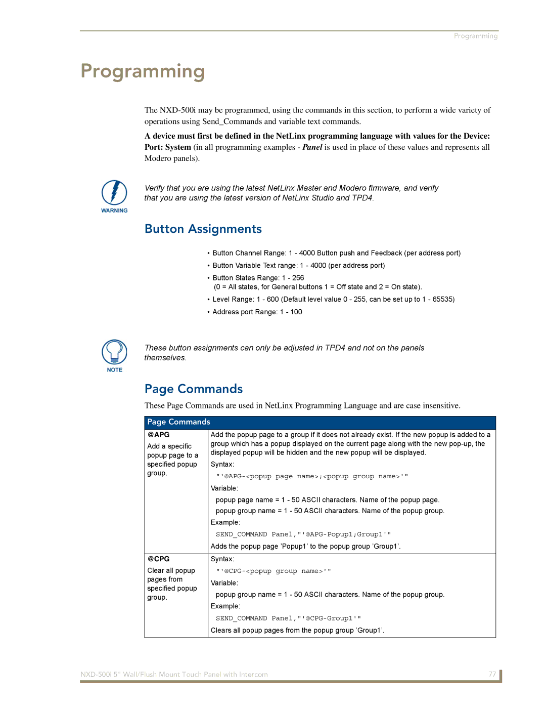 AMX NXD-500i manual Button Assignments, Commands, @Apg, @Cpg 