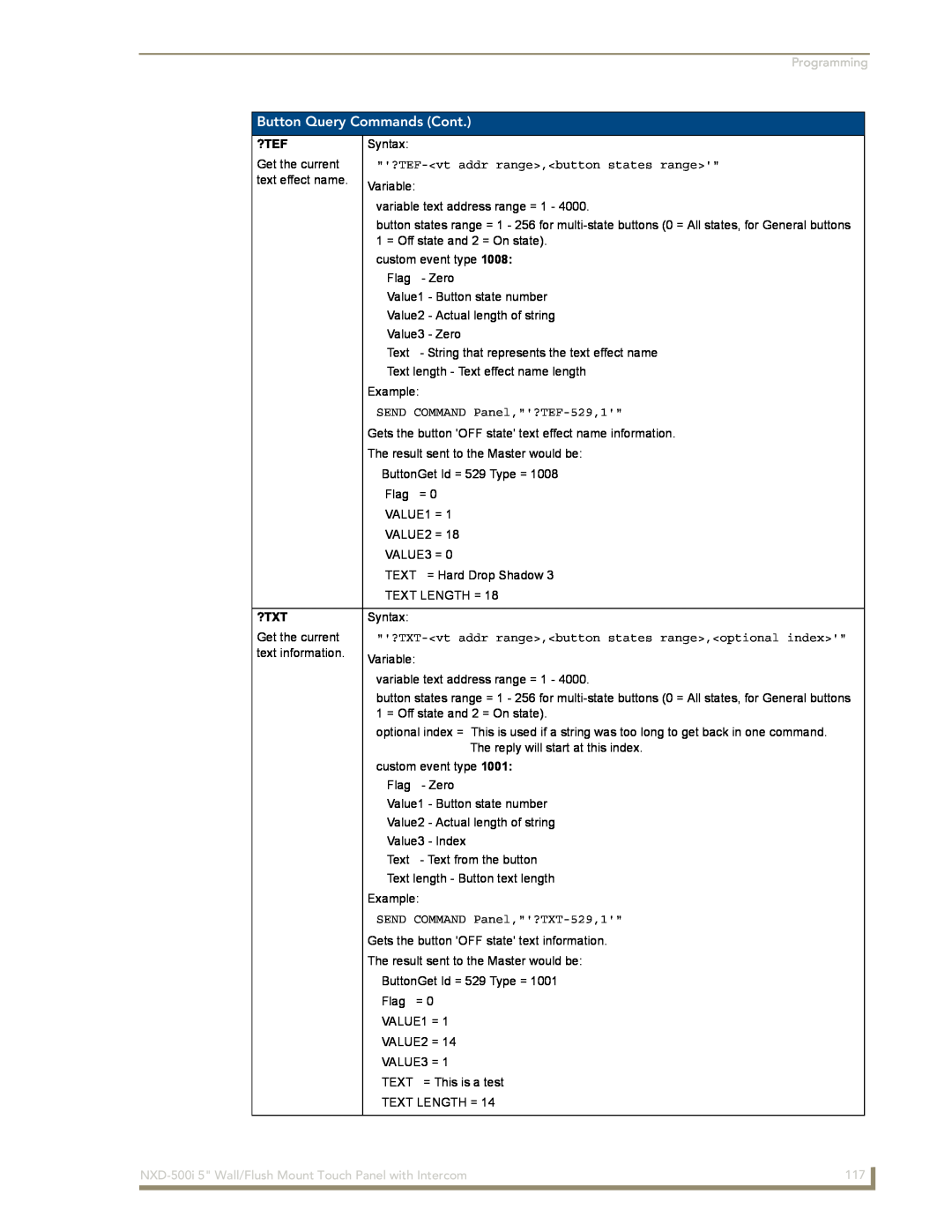 AMX manual Button Query Commands Cont, Programming, ?Tef, ?Txt, NXD-500i 5 Wall/Flush Mount Touch Panel with Intercom 