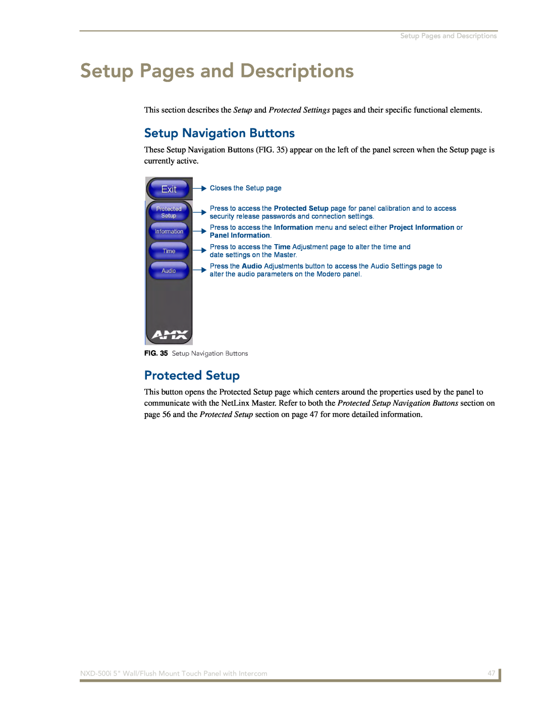 AMX NXD-500i manual Setup Pages and Descriptions, Setup Navigation Buttons, Protected Setup 