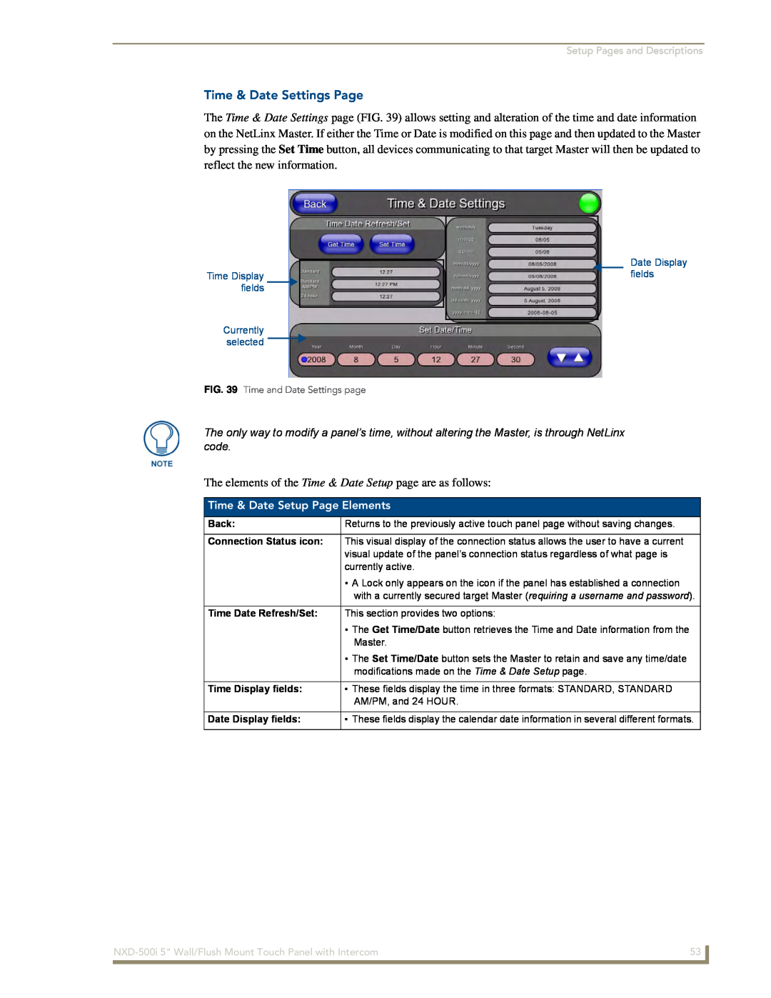 AMX NXD-500i Time & Date Settings Page, Time & Date Setup Page Elements, Setup Pages and Descriptions, Date Display fields 