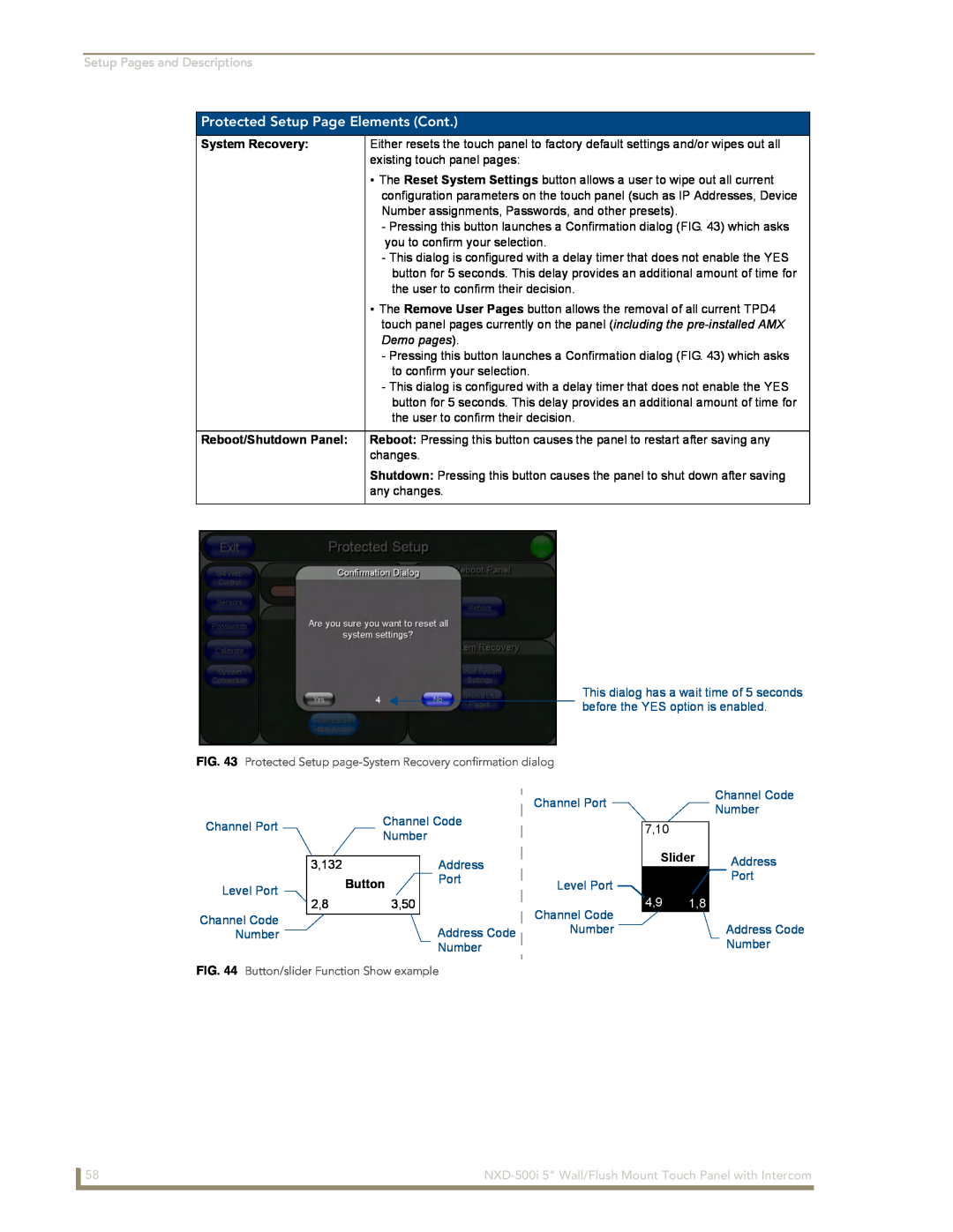 AMX NXD-500i Protected Setup Page Elements Cont, Setup Pages and Descriptions, Demo pages, Channel Port, Channel Code 