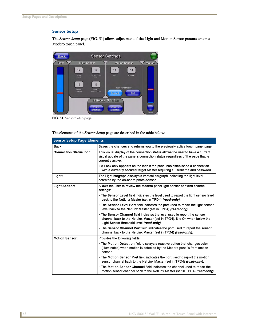 AMX NXD-500i manual Sensor Setup Page Elements, Setup Pages and Descriptions 