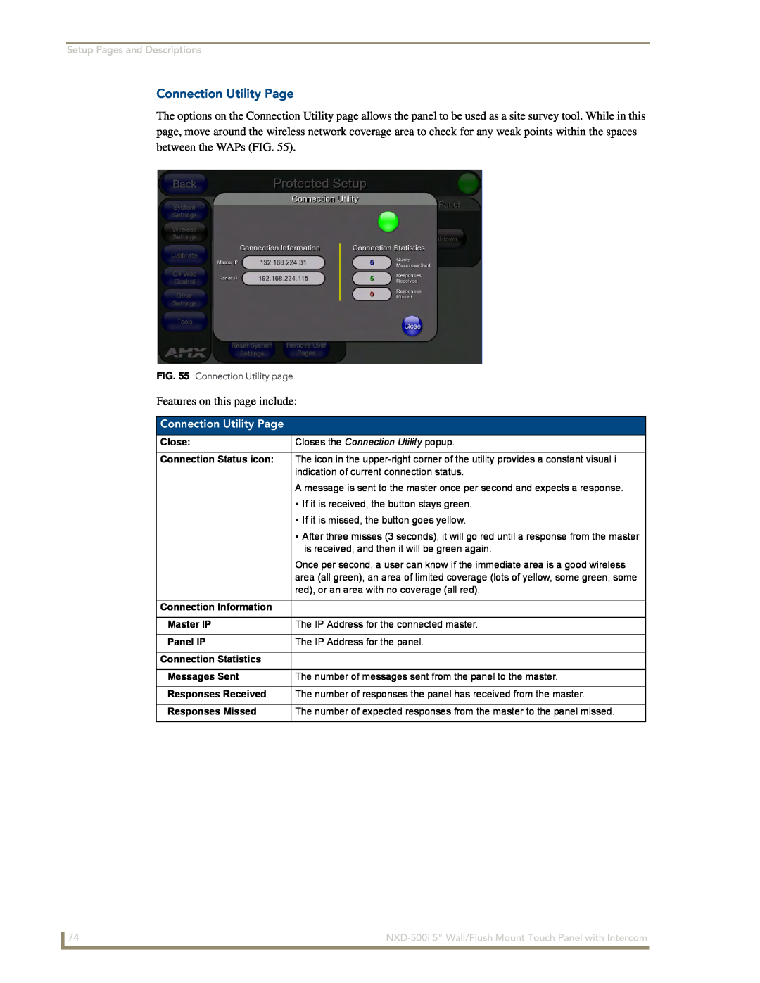 AMX NXD-500i manual Connection Utility Page, Setup Pages and Descriptions, Closes the Connection Utility popup 