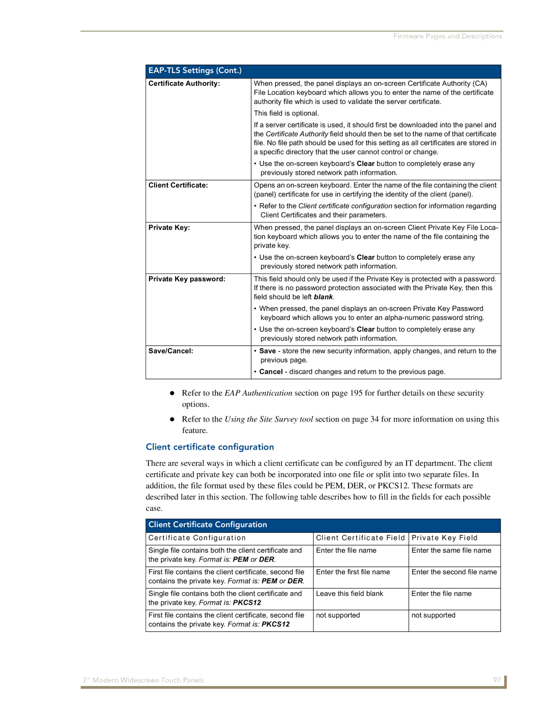 AMX NXD-700Vi manual Client certificate configuration, Client Certificate Configuration, Private Key password 