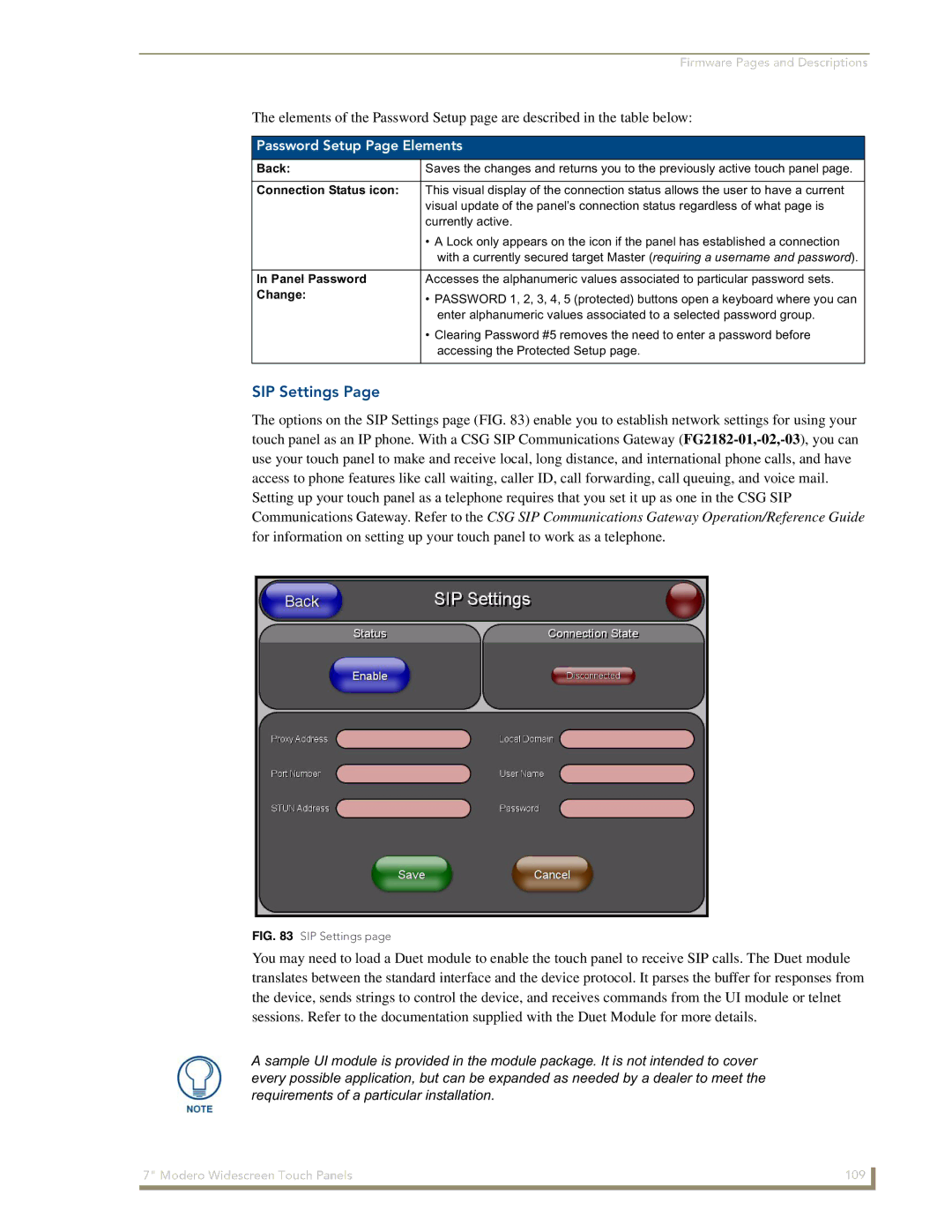 AMX NXD-700Vi manual SIP Settings, Password Setup Page Elements, Panel Password, Change 