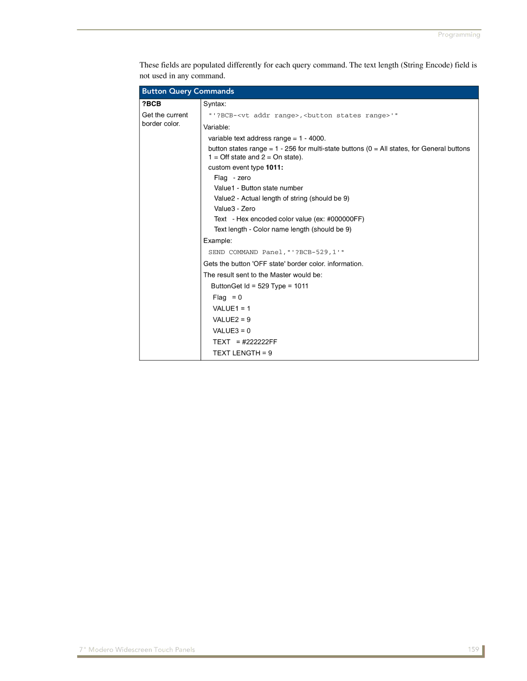 AMX NXD-700Vi manual Button Query Commands, ?Bcb, ?BCB-vt addr range,button states range, Send Command Panel,?BCB-529,1 