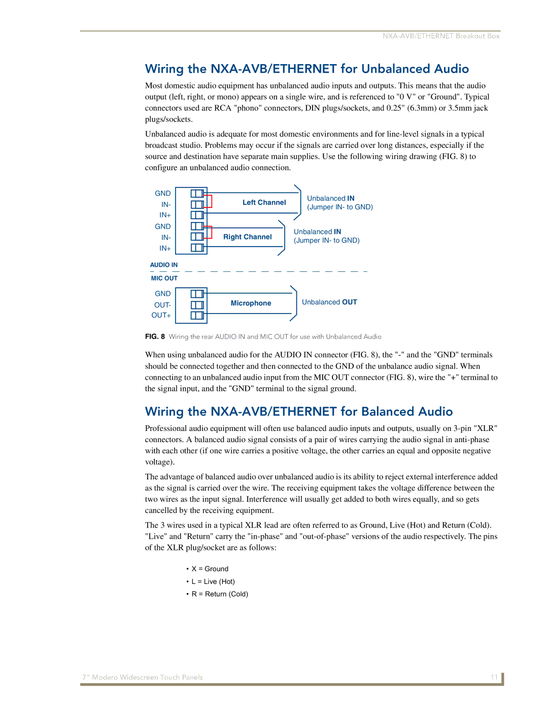 AMX NXD-700Vi manual Wiring the NXA-AVB/ETHERNET for Unbalanced Audio, Wiring the NXA-AVB/ETHERNET for Balanced Audio 