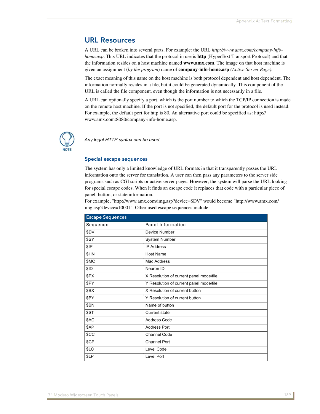 AMX NXD-700Vi manual URL Resources, Special escape sequences, Escape Sequences, Sequence Panel Information 