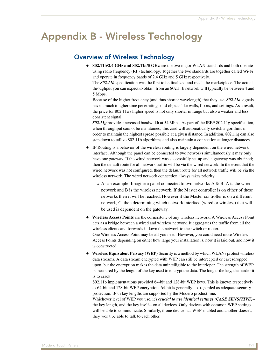 AMX NXD-700Vi manual Appendix B Wireless Technology, Overview of Wireless Technology 