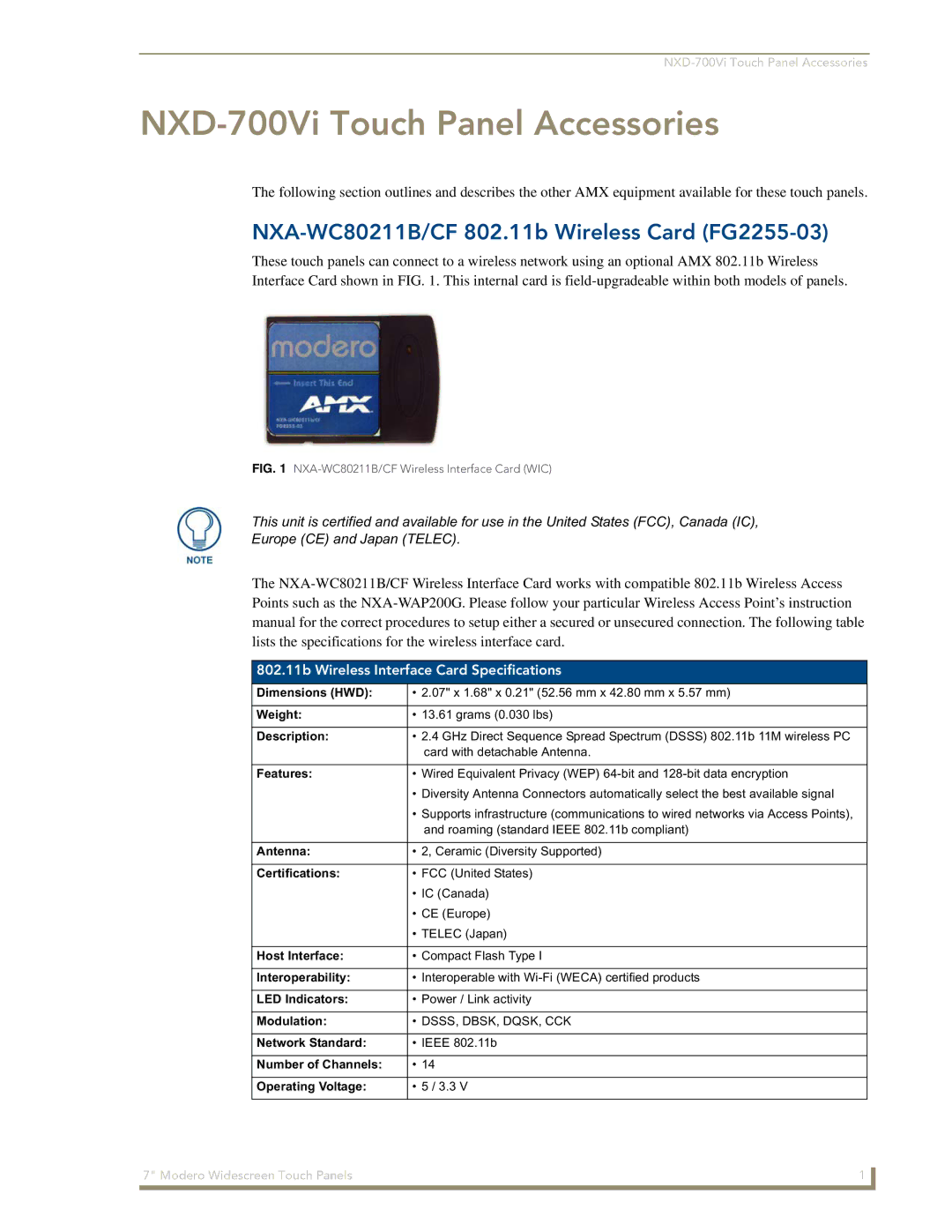 AMX manual NXD-700Vi Touch Panel Accessories, NXA-WC80211B/CF 802.11b Wireless Card FG2255-03 