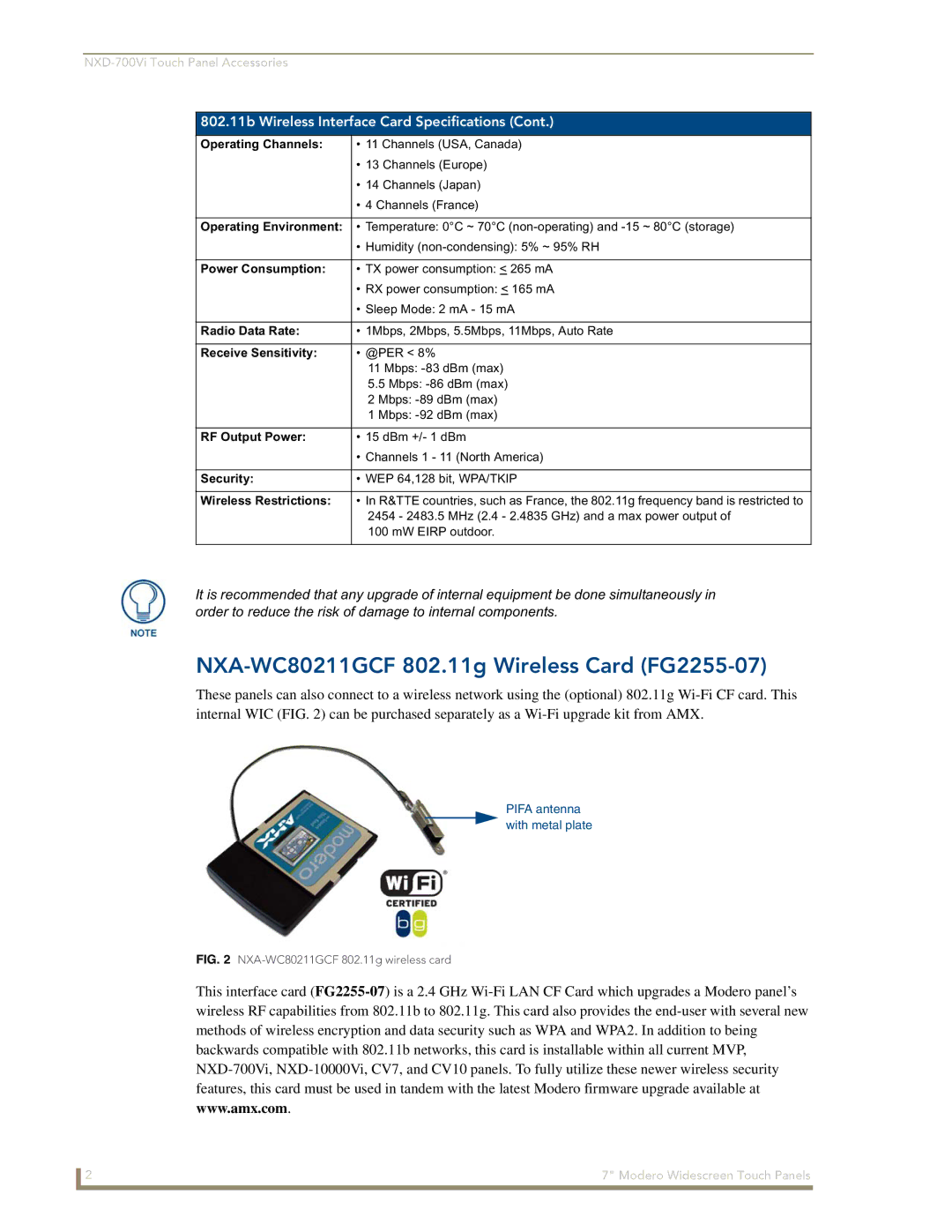 AMX NXD-700Vi manual NXA-WC80211GCF 802.11g Wireless Card FG2255-07 