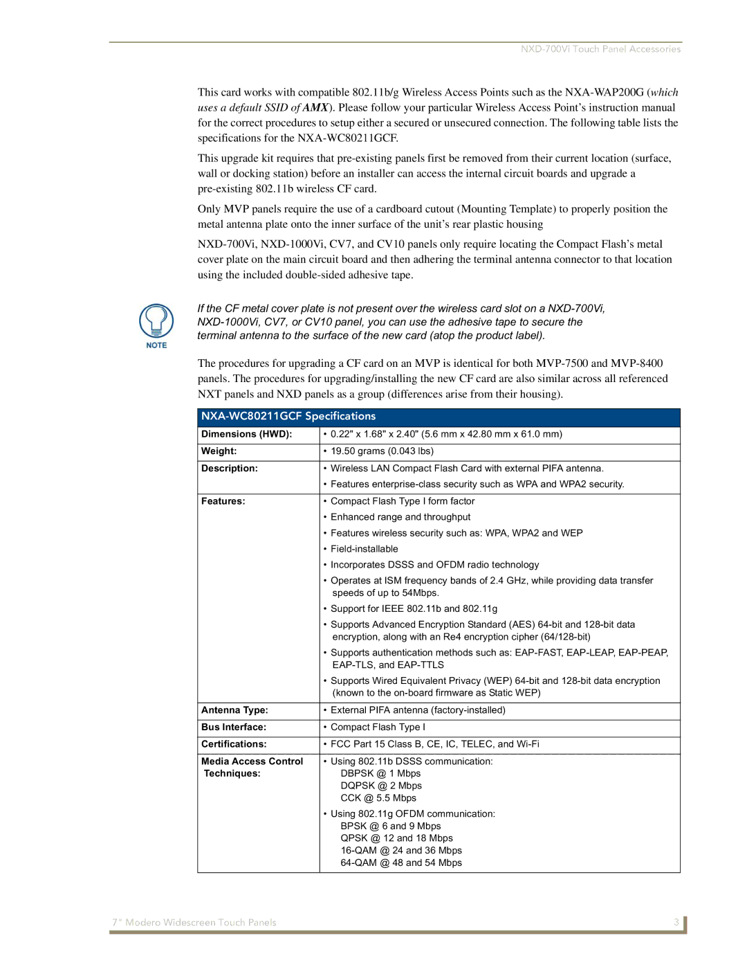 AMX NXD-700Vi manual NXA-WC80211GCF Specifications, Antenna Type, Bus Interface, Media Access Control, Techniques 