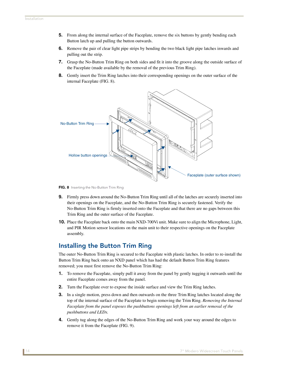 AMX NXD-700Vi manual Installing the Button Trim Ring, Inserting the No-Button Trim Ring 