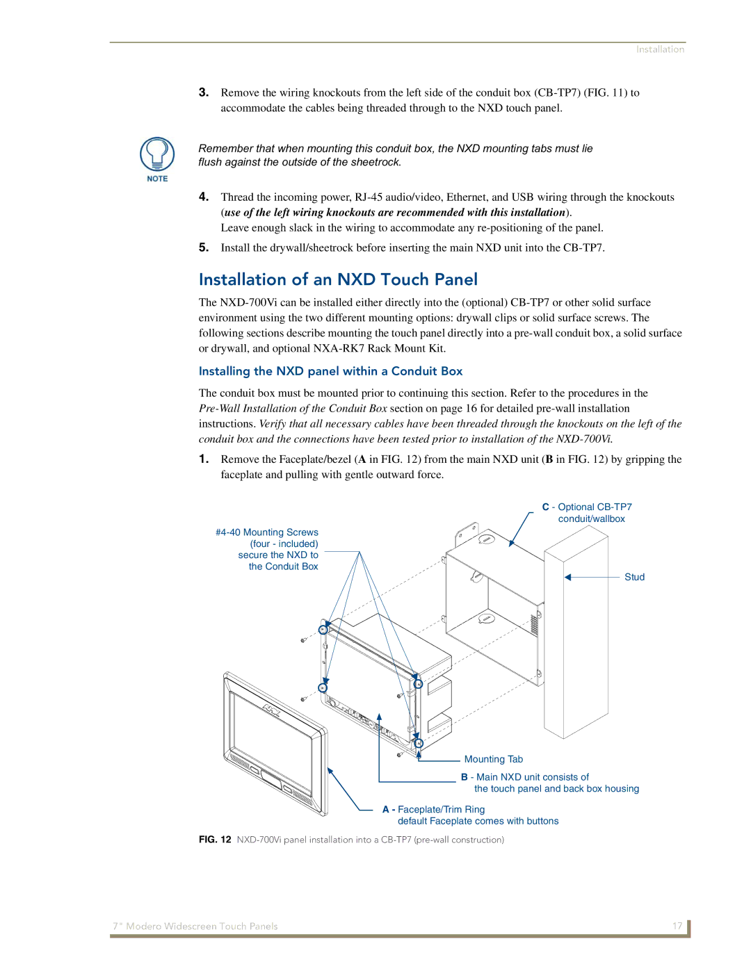 AMX NXD-700Vi manual Installation of an NXD Touch Panel, Installing the NXD panel within a Conduit Box 