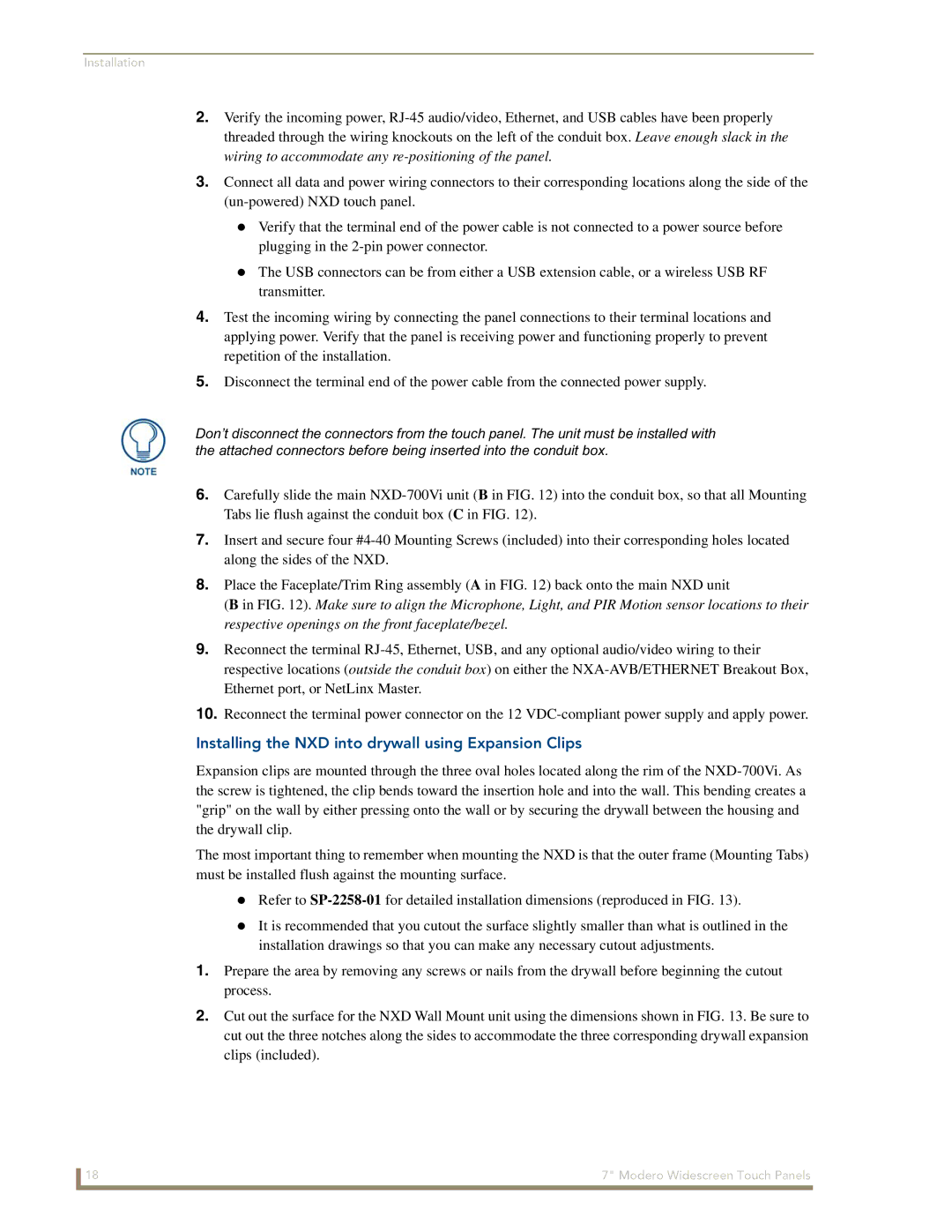 AMX NXD-700Vi manual Installing the NXD into drywall using Expansion Clips 