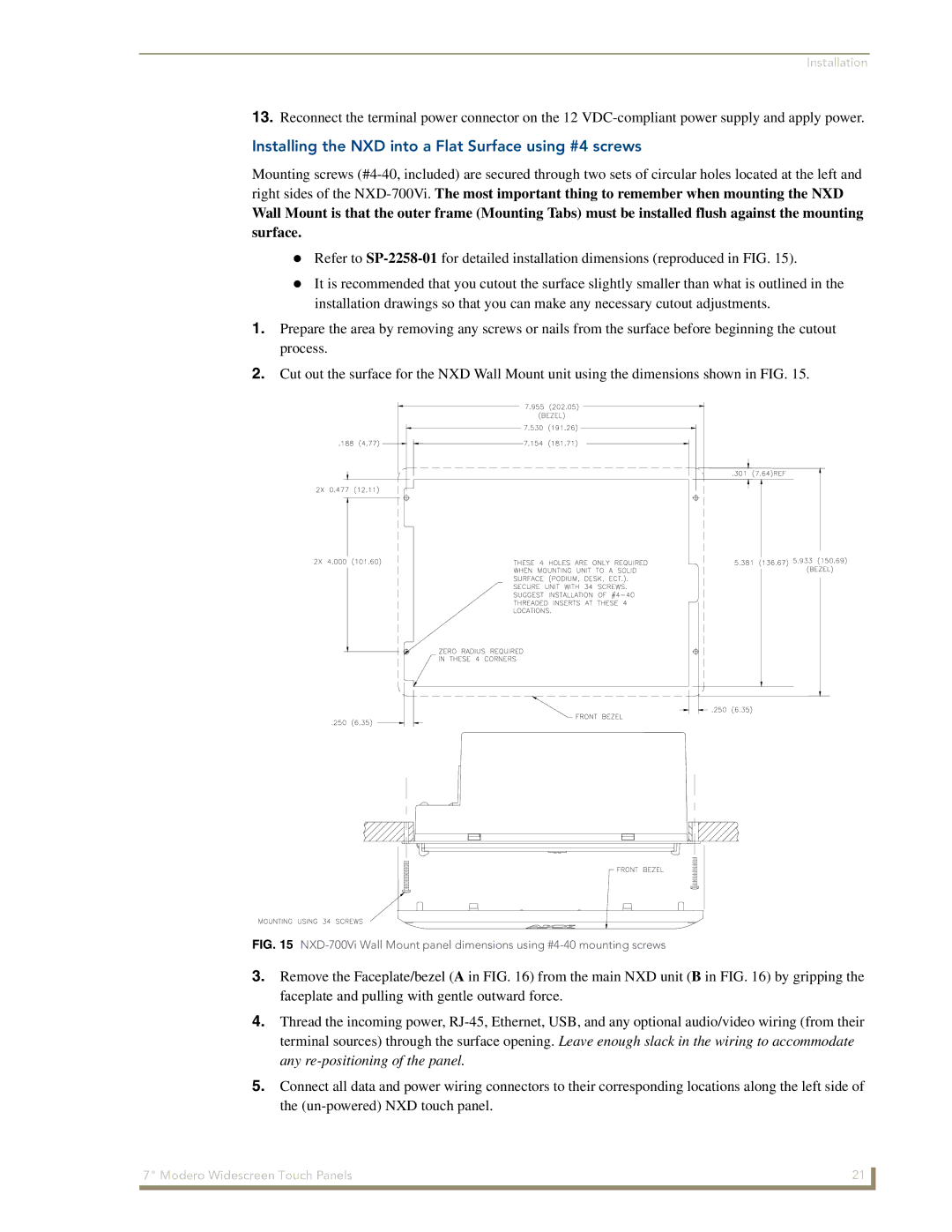 AMX NXD-700Vi manual Installing the NXD into a Flat Surface using #4 screws 