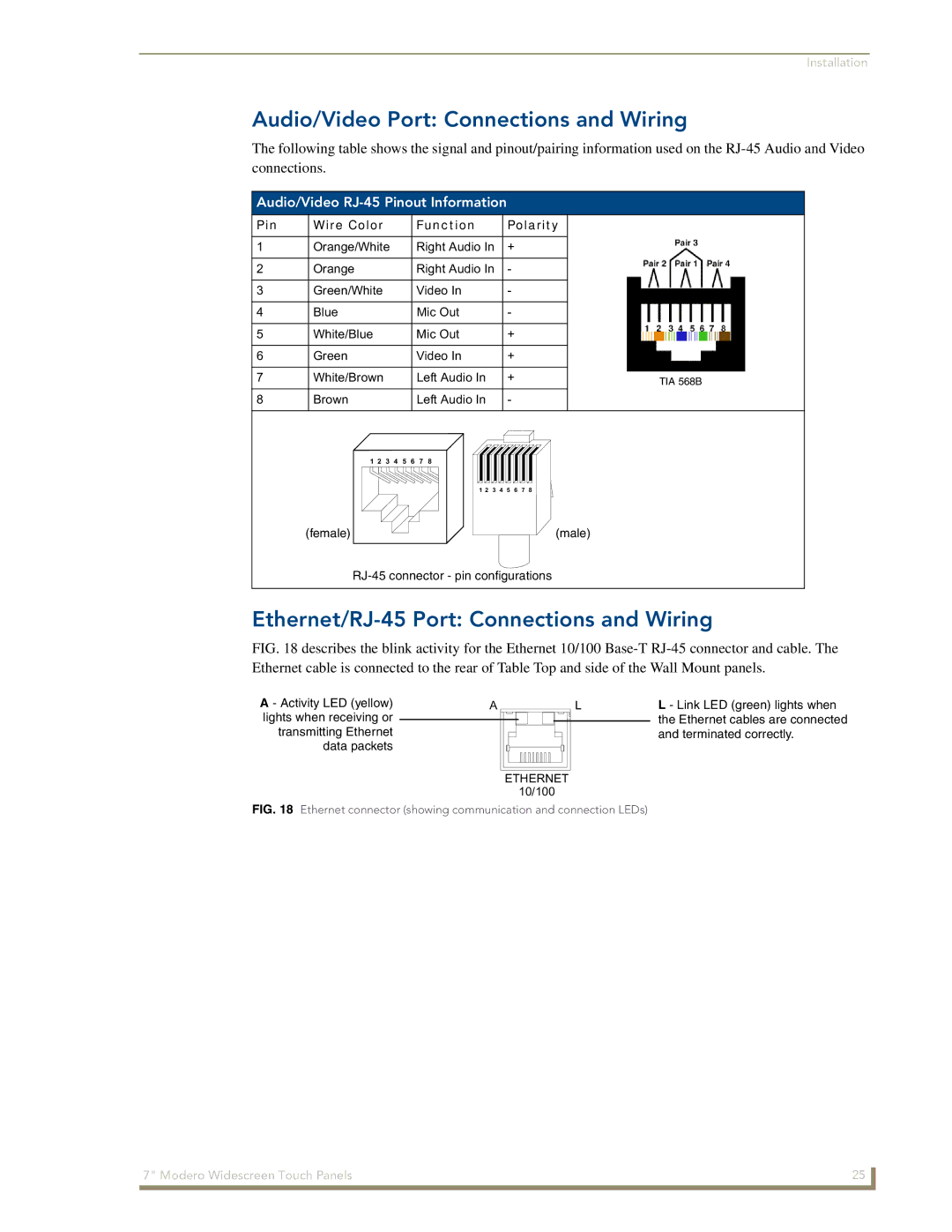 AMX NXD-700Vi manual Audio/Video Port Connections and Wiring, Ethernet/RJ-45 Port Connections and Wiring 