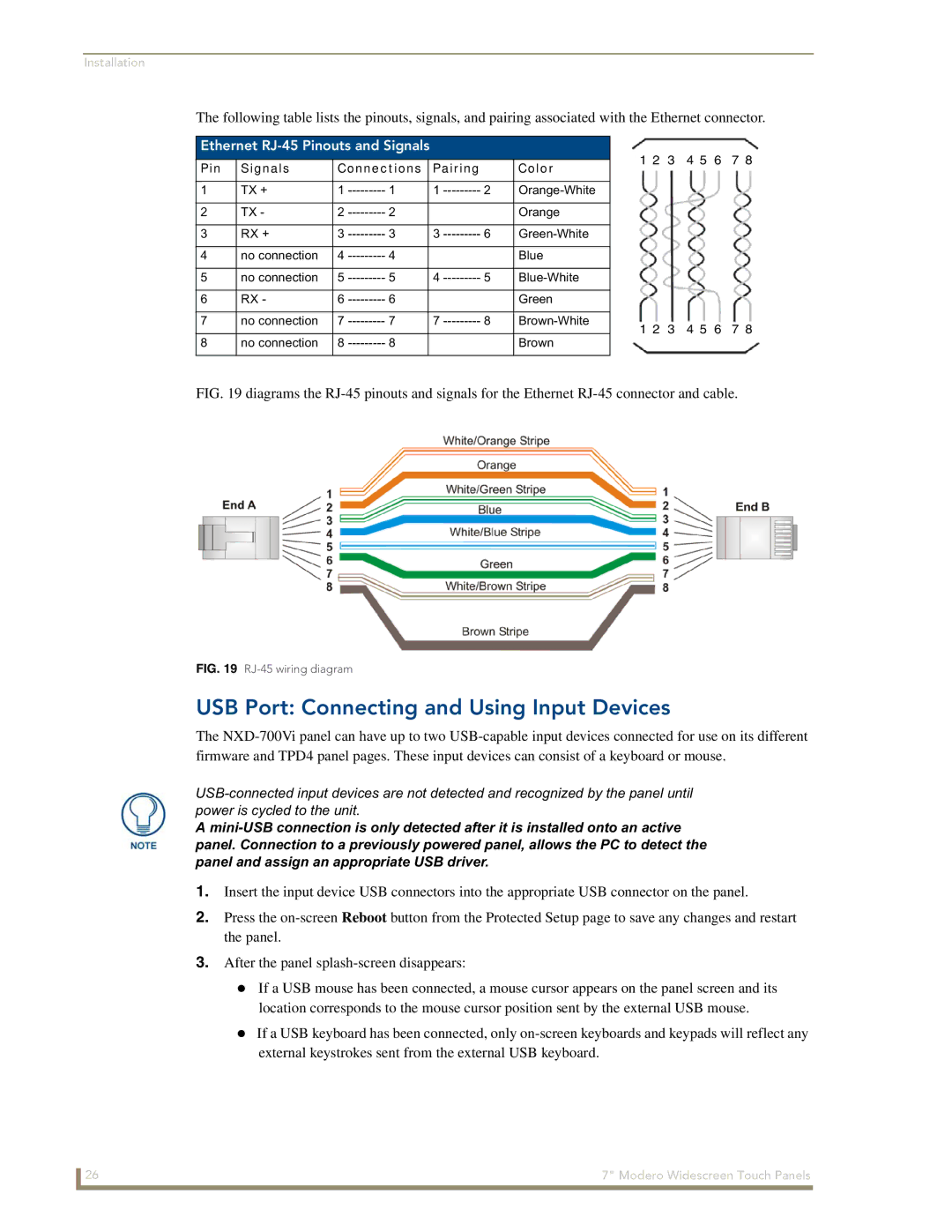 AMX NXD-700Vi manual USB Port Connecting and Using Input Devices, Ethernet RJ-45 Pinouts and Signals 