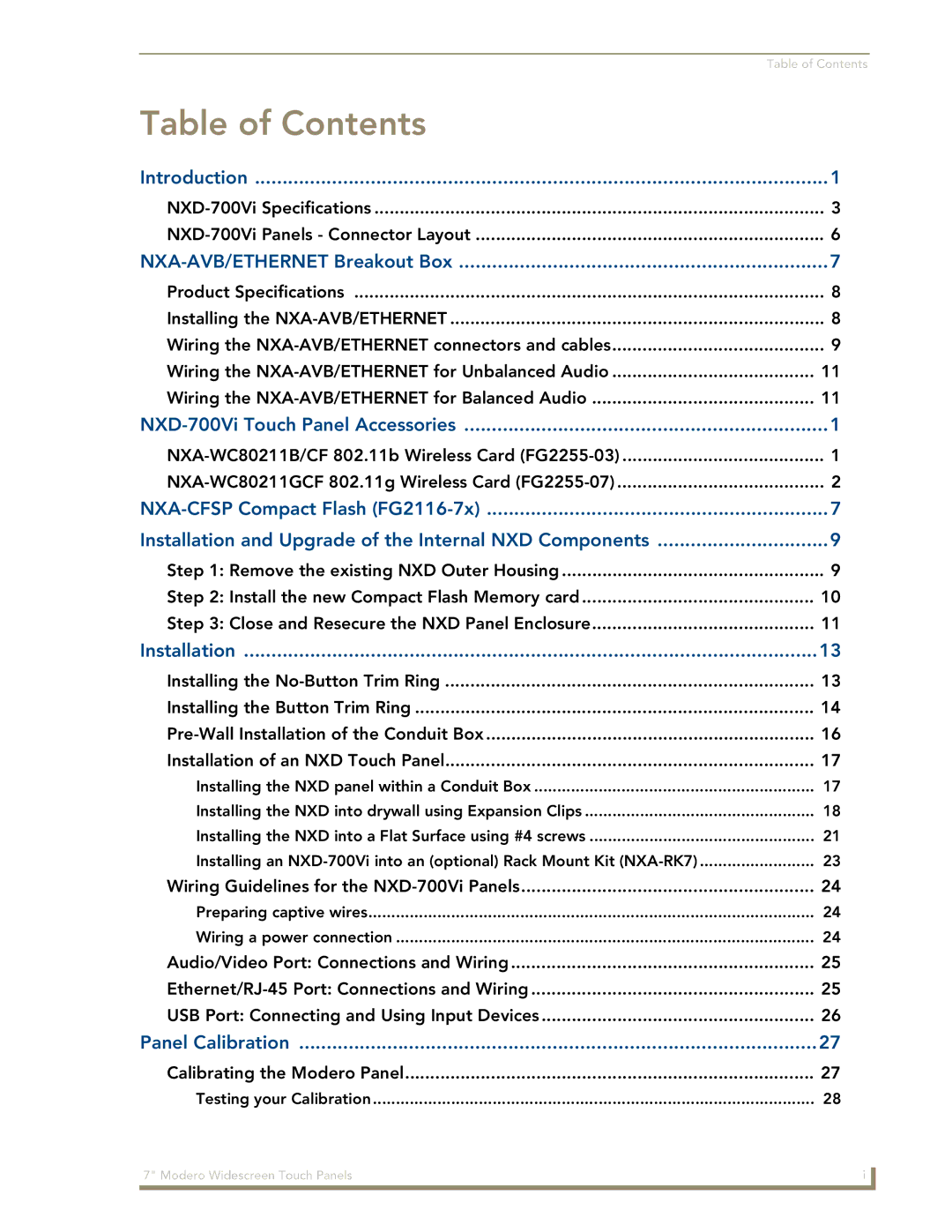 AMX NXD-700Vi manual Table of Contents 