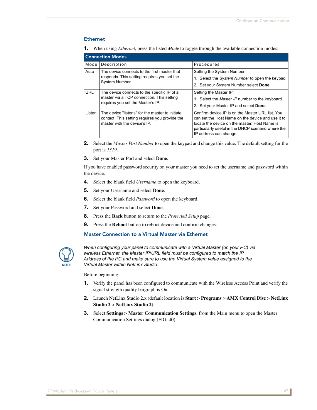 AMX NXD-700Vi manual Master Connection to a Virtual Master via Ethernet, Connection Modes, Mode Description Procedures 