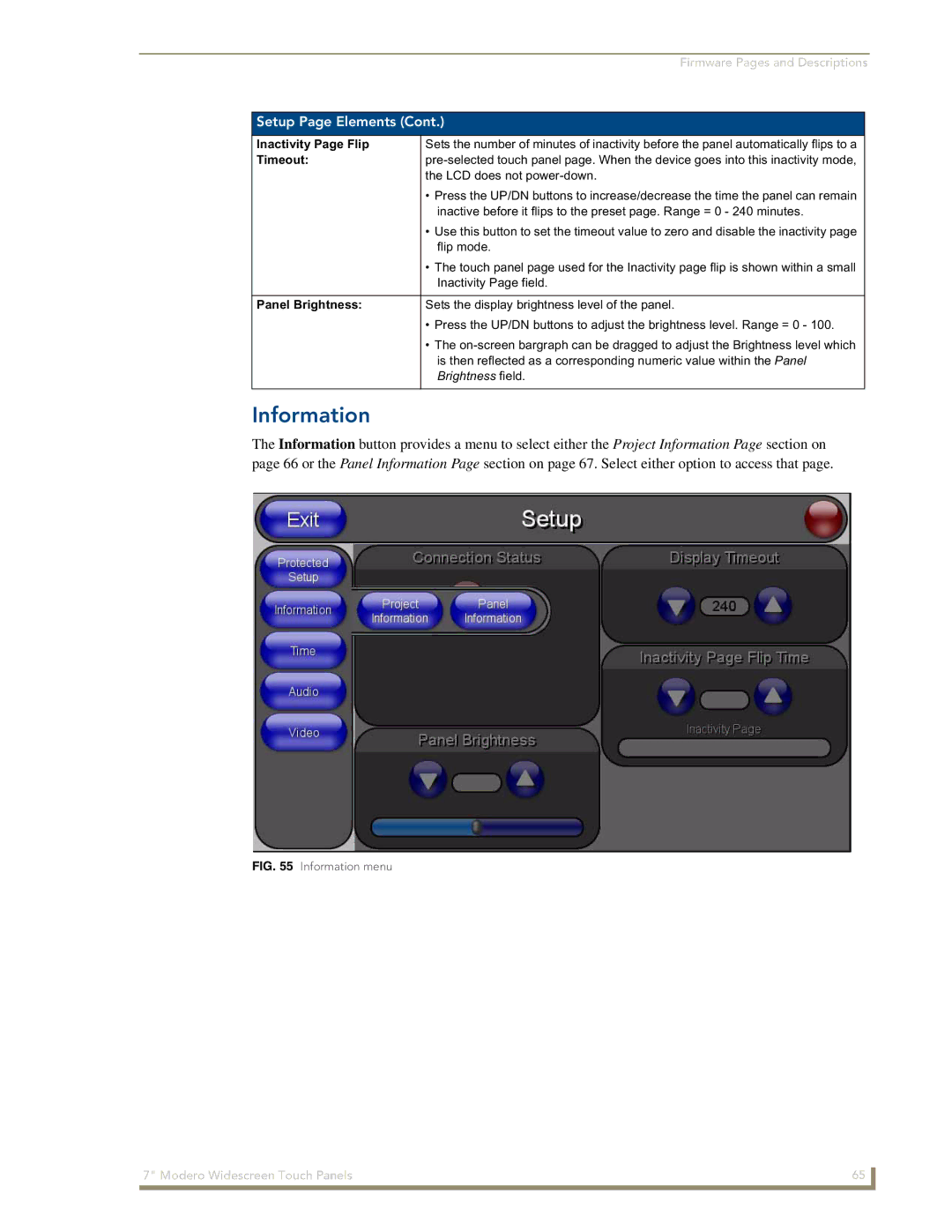 AMX NXD-700Vi manual Information, Inactivity Page Flip, Timeout, Panel Brightness 